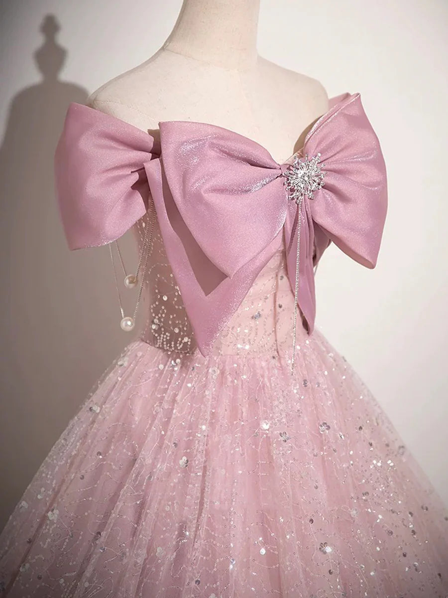 Lovely Light Pink Tulle Sequins With Bow A-Line Long Prom Dress Evening Party Dress