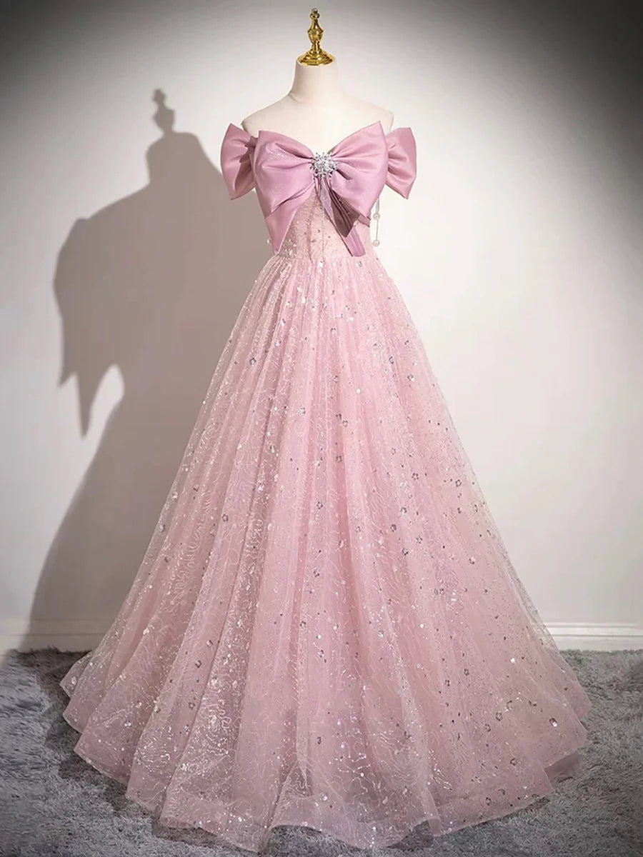 Lovely Light Pink Tulle Sequins With Bow A-Line Long Prom Dress Evening Party Dress