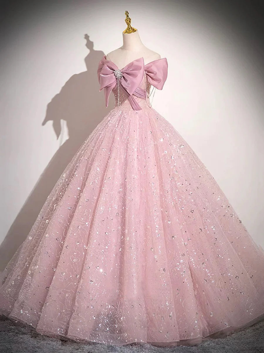 Lovely Light Pink Tulle Sequins With Bow A-Line Long Prom Dress Evening Party Dress