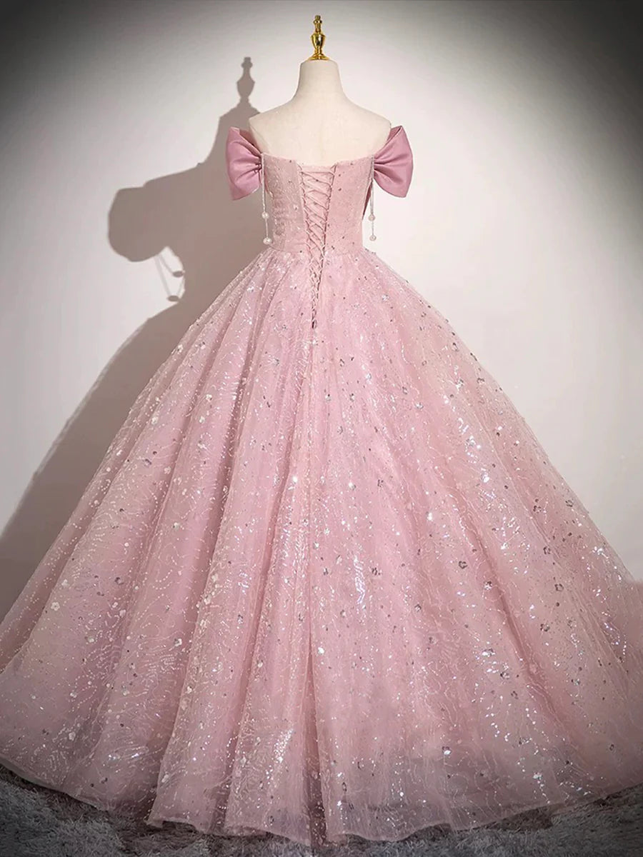 Lovely Light Pink Tulle Sequins With Bow A-Line Long Prom Dress Evening Party Dress