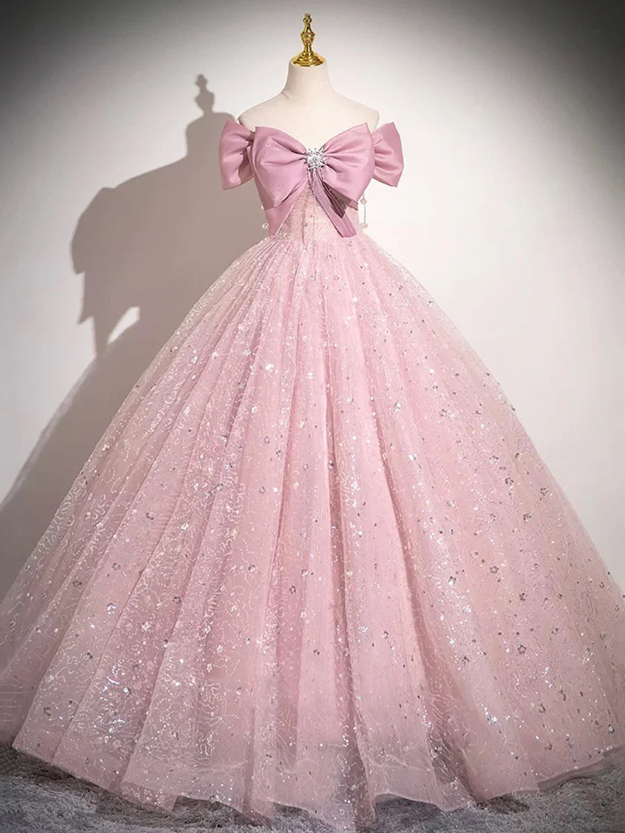 Lovely Light Pink Tulle Sequins With Bow A-Line Long Prom Dress Evening Party Dress