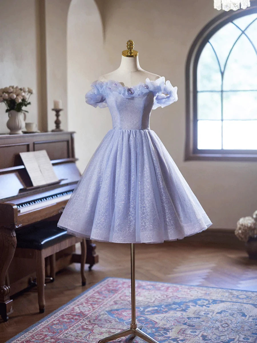 Lovely Lilac Tulle Off Shoulder A-Line Knee Length Prom Dress Evening Party Dress