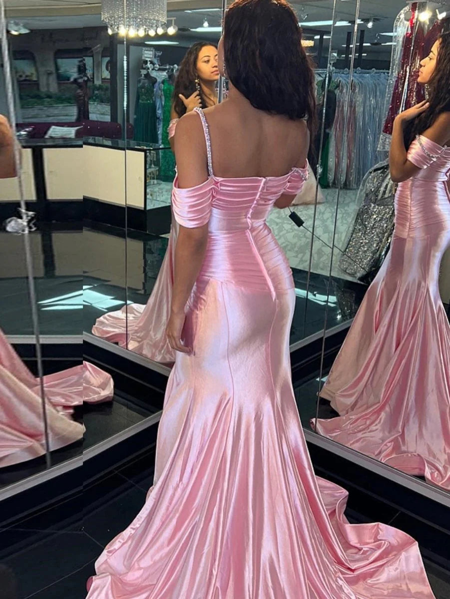 Lovely Mermaid Sweetheart Neck Beaded Satin Pink Evening Dress With Train