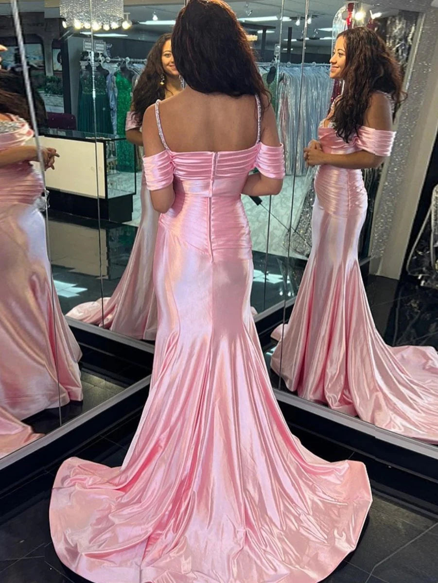 Lovely Mermaid Sweetheart Neck Beaded Satin Pink Evening Dress With Train