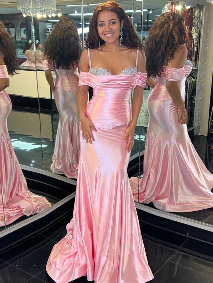 Lovely Mermaid Sweetheart Neck Beaded Satin Pink Evening Dress With Train
