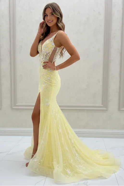 Lovely Mermaid V Neck Corset Slit Lace Yellow Prom Dress With Train