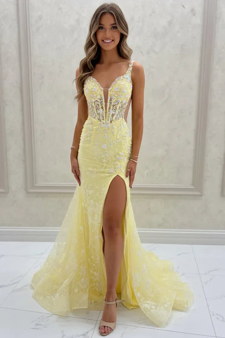 Lovely Mermaid V Neck Corset Slit Lace Yellow Prom Dress With Train