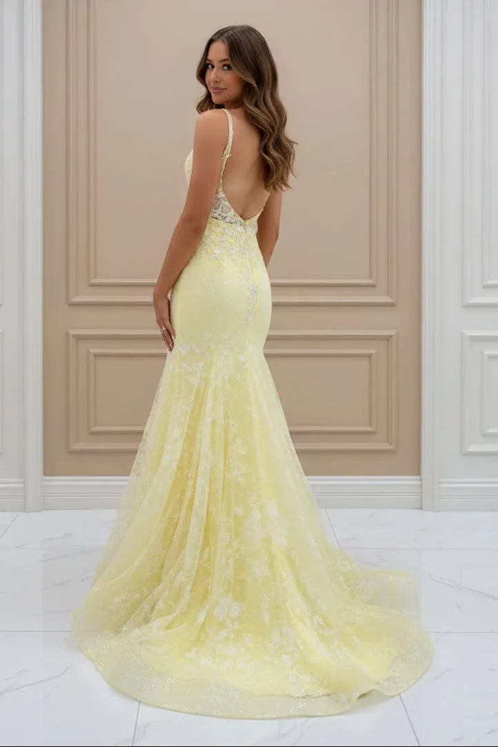 Lovely Mermaid V Neck Corset Slit Lace Yellow Prom Dress With Train