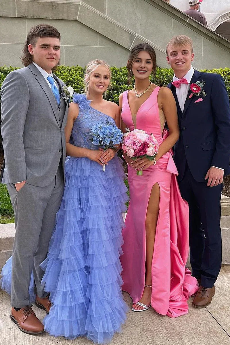 Lovely Mermaid V Neck Satin Pink Long Prom Dress With Big Bow