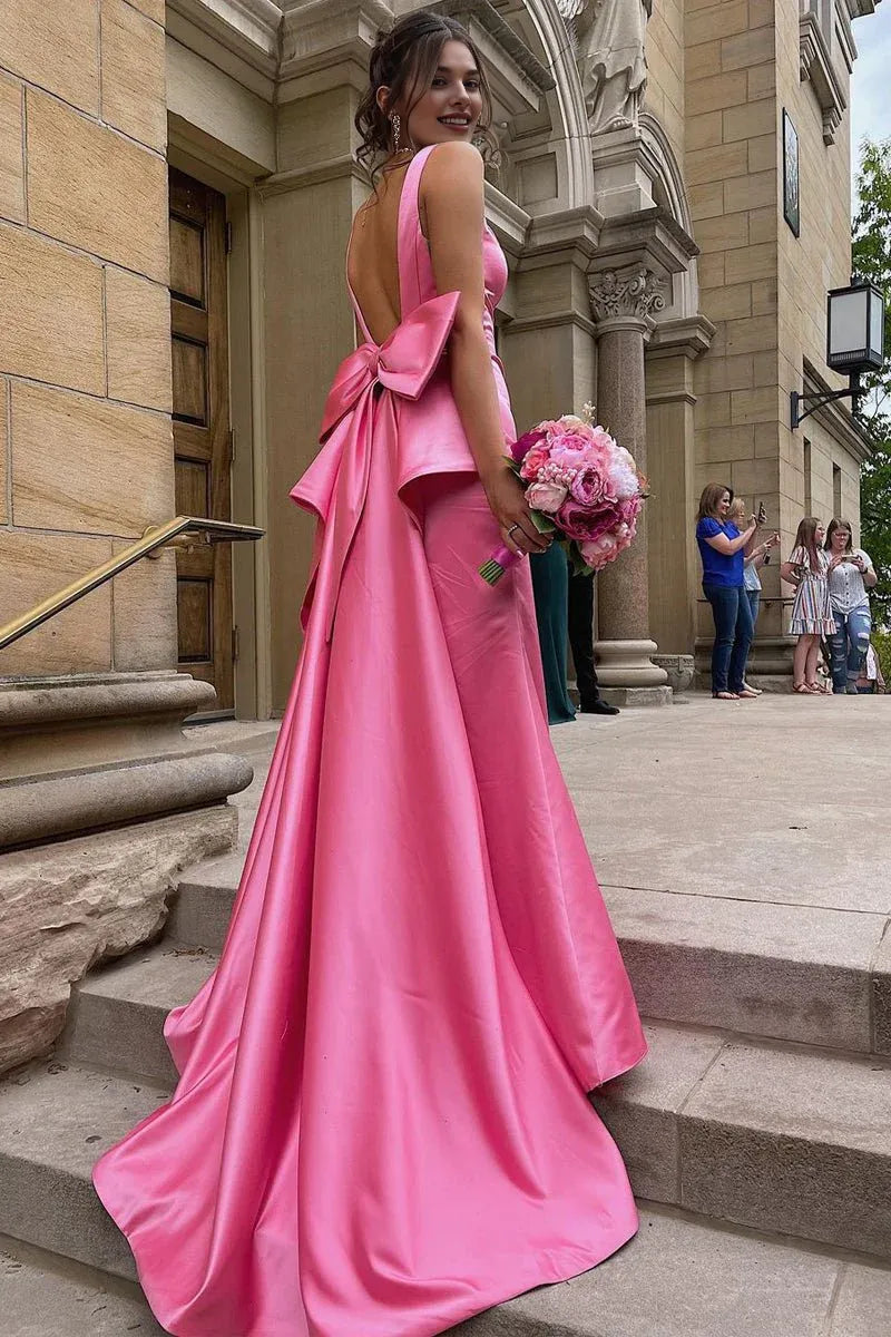 Lovely Mermaid V Neck Satin Pink Long Prom Dress With Big Bow