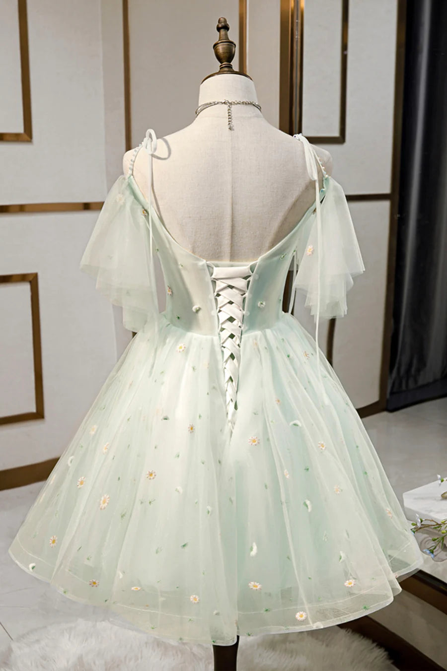 Lovely Mint Green Tulle Flowers Sweetheart Collar Short Prom Dress A-Line Homecoming Party Dress