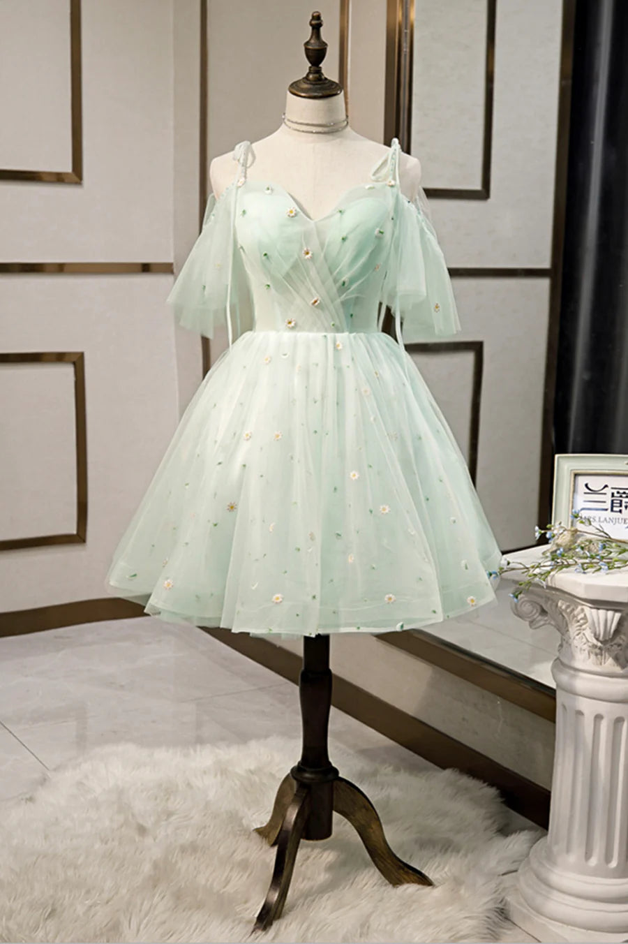 Lovely Mint Green Tulle Flowers Sweetheart Collar Short Prom Dress A-Line Homecoming Party Dress