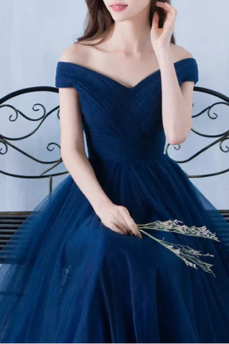 Lovely Navy Blue Tulle V Neck Off Shoulder A-line Floor Length Prom Dress Bridesmaid Dress