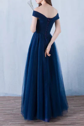 Lovely Navy Blue Tulle V Neck Off Shoulder A-line Floor Length Prom Dress Bridesmaid Dress