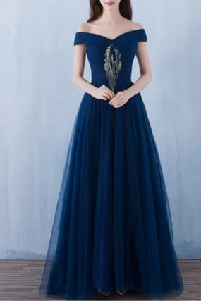 Lovely Navy Blue Tulle V Neck Off Shoulder A-line Floor Length Prom Dress Bridesmaid Dress