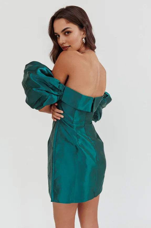 Lovely Off Shoulder Puff Sleeve Pleated Hunter Green Mini Homecoming Dress