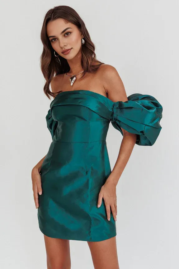 Lovely Off Shoulder Puff Sleeve Pleated Hunter Green Mini Homecoming Dress