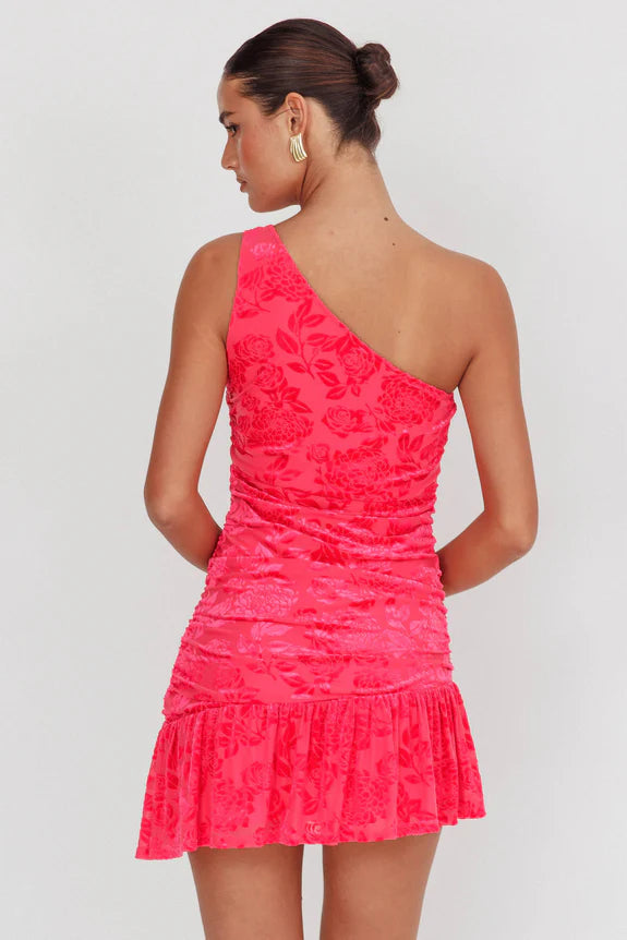 Lovely One Shoulder Floral Velvet Mesh Fuchsia Mini Homecoming Dress