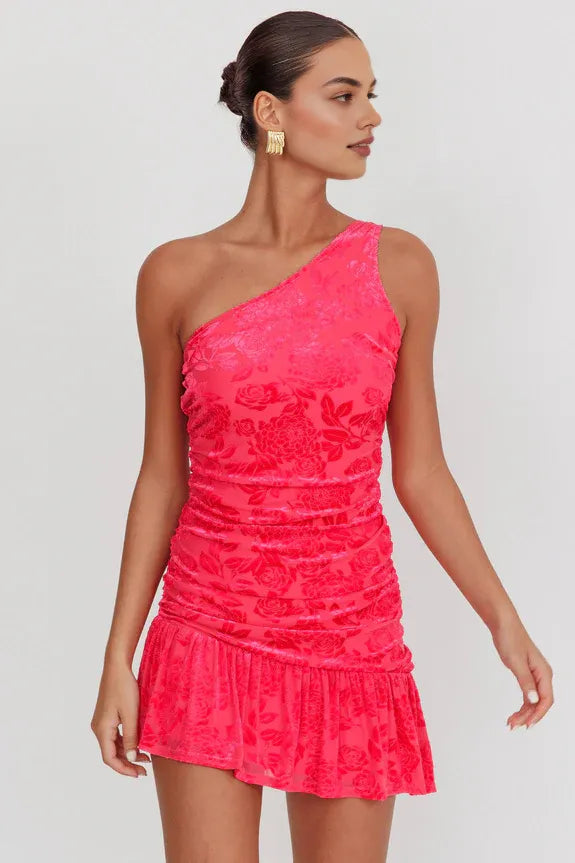 Lovely One Shoulder Floral Velvet Mesh Fuchsia Mini Homecoming Dress
