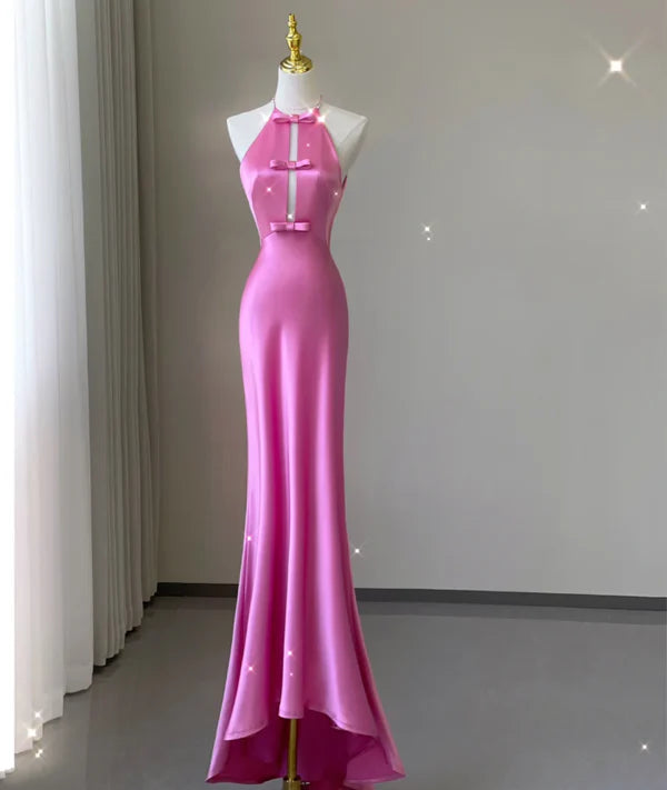 Lovely Pink Satin Halter Sleeveless Mermaid Long Prom Dresses Simple Evening Dresses With Bow