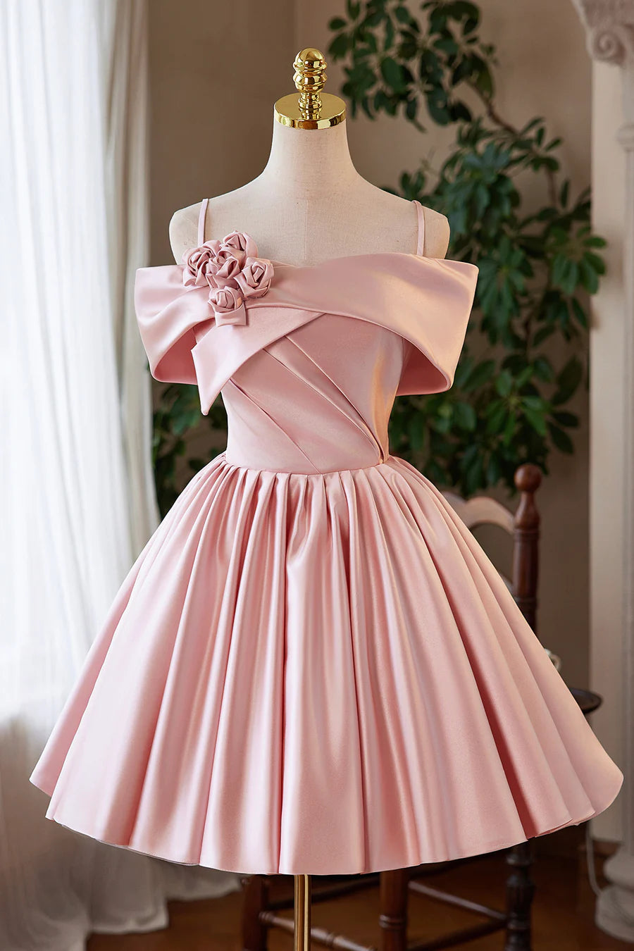 Lovely Pink Satin Spaghetti Straps Short Prom Dress A-Line Off the Shoulder Homecoming Party Dress
