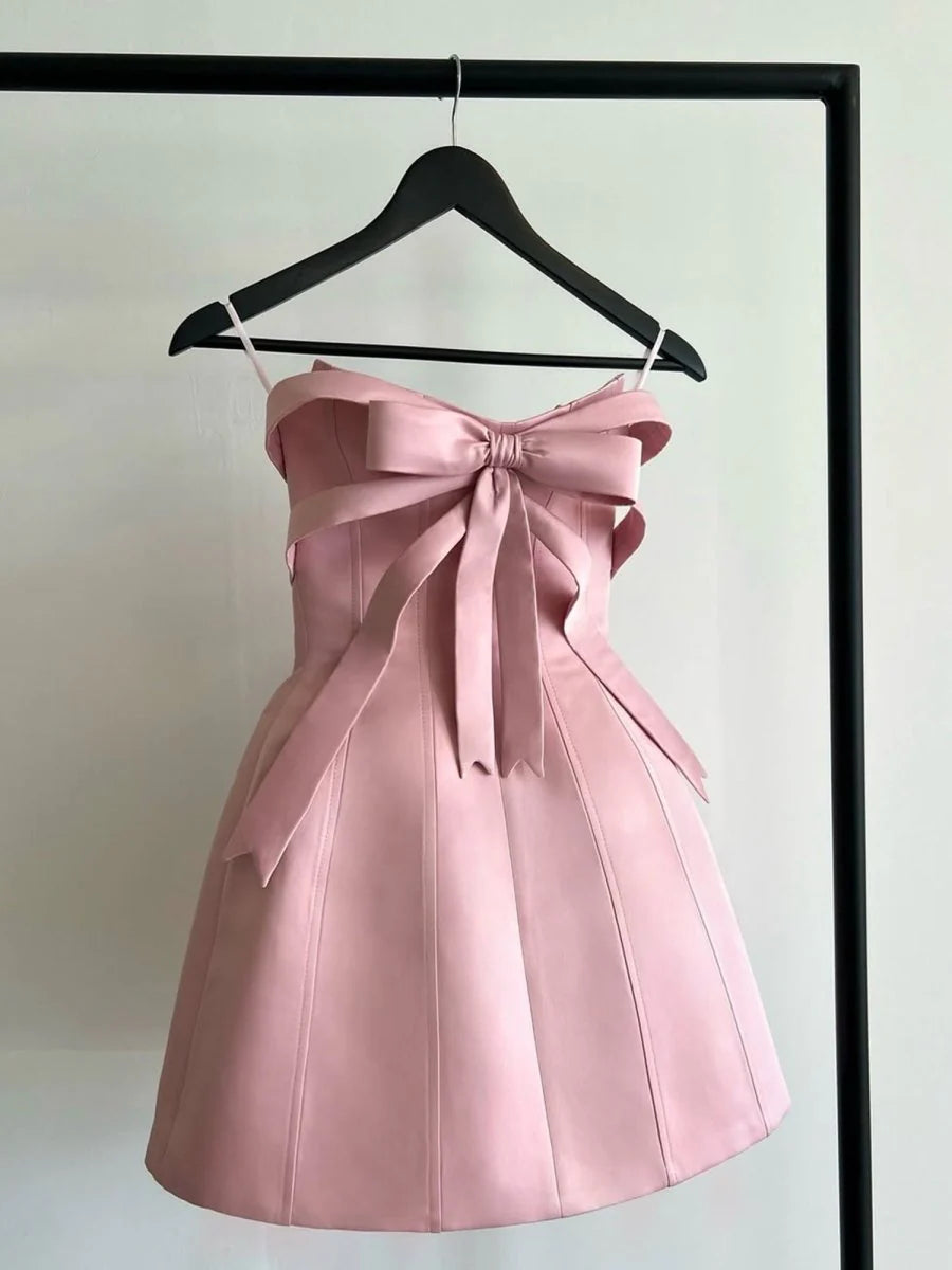 Lovely Pink Satin Strapless A Line Short Lace-up Back Homecoming Dresses With Bow