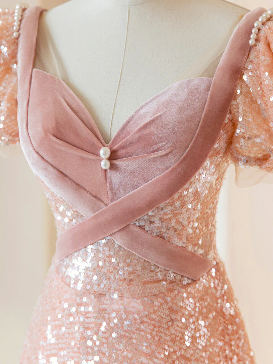 Lovely Pink Sequins With Bow Short Sleeve A-Line Long Prom Dress Party Dress