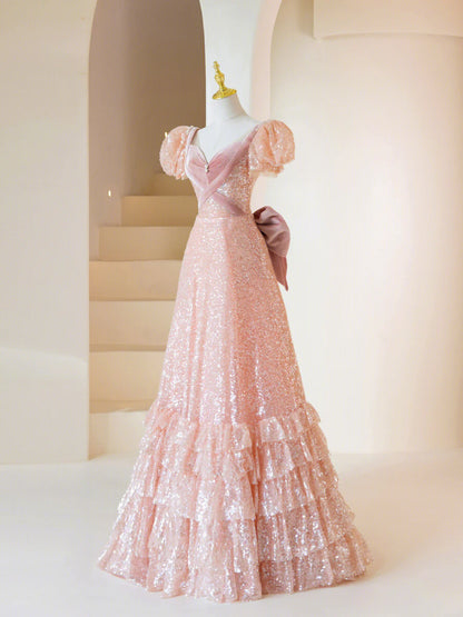 Lovely Pink Sequins With Bow Short Sleeve A-Line Long Prom Dress Party Dress
