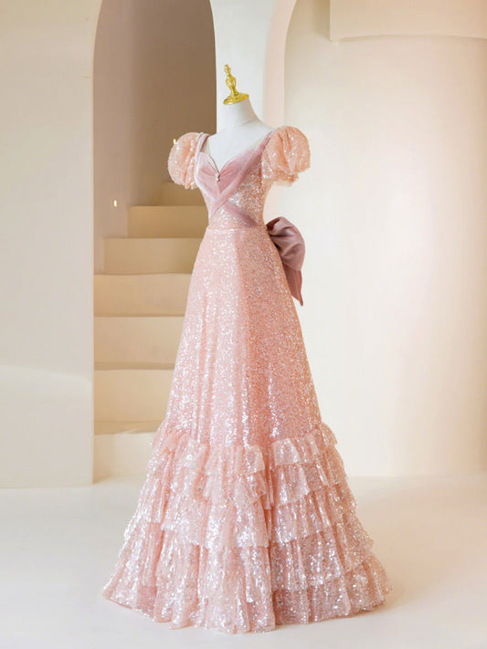 Lovely Pink Sequins With Bow Short Sleeve A-Line Long Prom Dress Party Dress