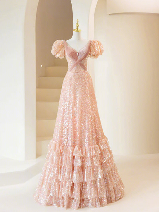 Lovely Pink Sequins With Bow Short Sleeve A-Line Long Prom Dress Party Dress
