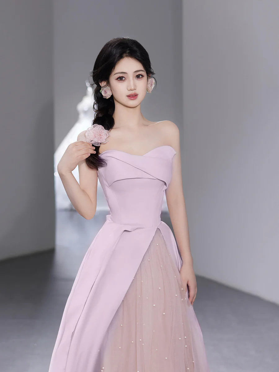 Lovely Pink Tulle With Beads Strapless A-Line Floor Length Prom Dress Evening Party Dress