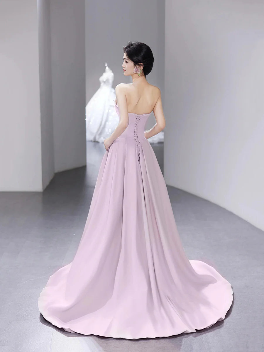 Lovely Pink Tulle With Beads Strapless A-Line Floor Length Prom Dress Evening Party Dress