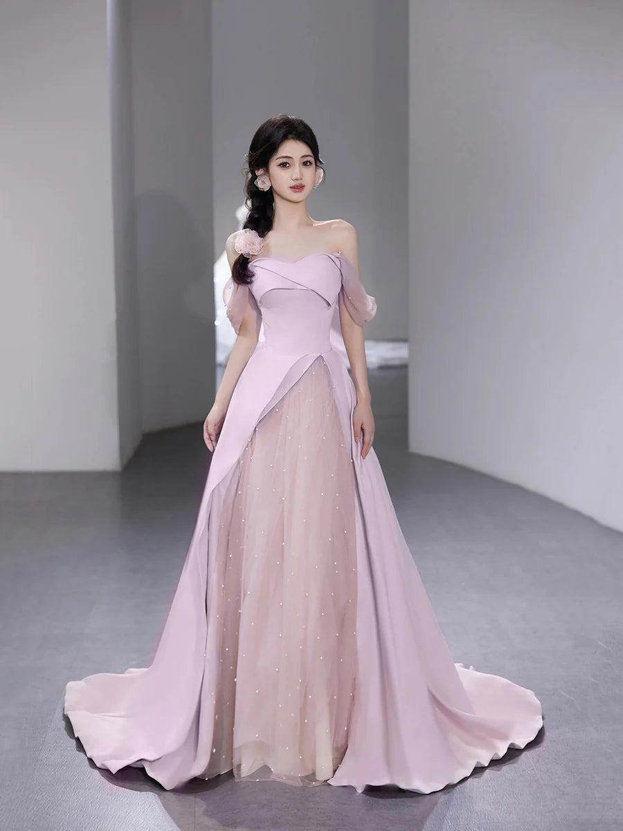 Lovely Pink Tulle With Beads Strapless A-Line Floor Length Prom Dress Evening Party Dress