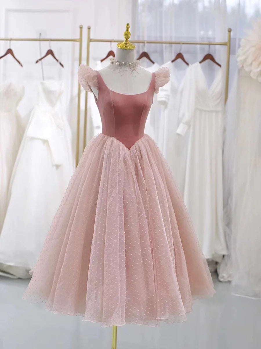 Lovely Pink Velvet Tulle Short Prom Dress A-Line Knee Length Zipper Homecoming Party Dress