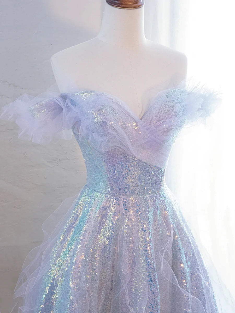Lovely Purple Tulle Sequins Sweetheart Collar Long Prom Dress Inexpensive Purple Off the Shoulder Evening Party Dress
