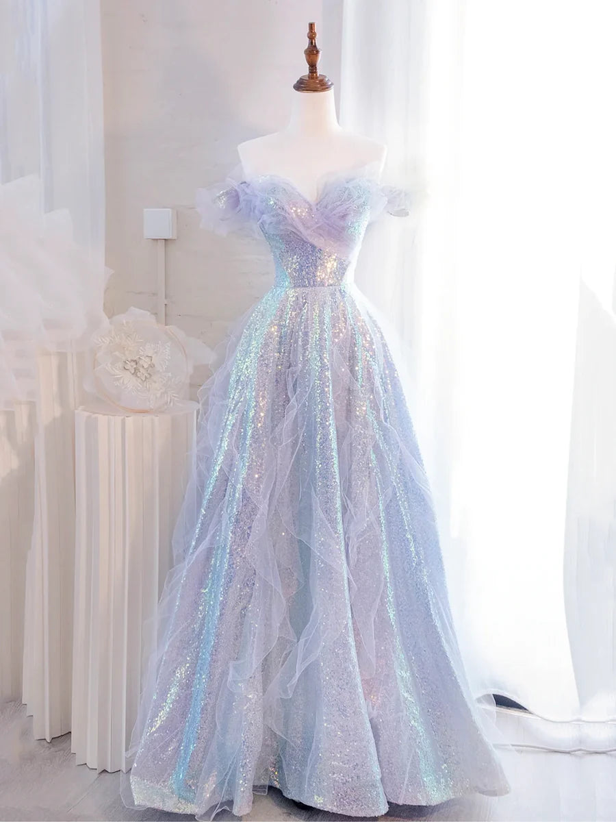 Lovely Purple Tulle Sequins Sweetheart Collar Long Prom Dress Inexpensive Purple Off the Shoulder Evening Party Dress