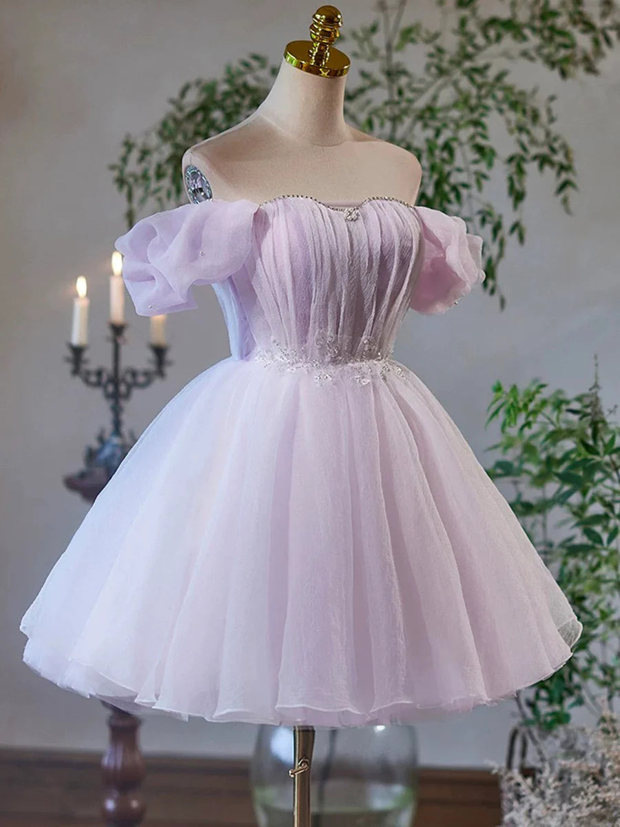 Lovely Purple Tulle With Beaded A-Line Short Party Dress Off the Shoulder Homecoming Dress