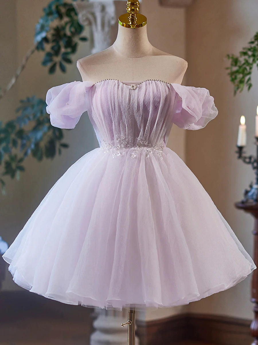 Lovely Purple Tulle With Beaded A-Line Short Party Dress Off the Shoulder Homecoming Dress