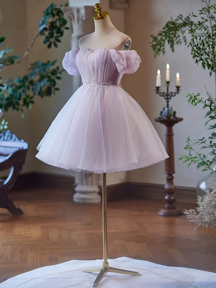 Lovely Purple Tulle With Beaded A-Line Short Party Dress Off the Shoulder Homecoming Dress