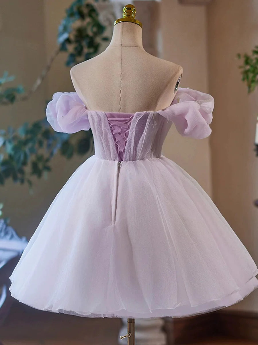 Lovely Purple Tulle With Beaded A-Line Short Party Dress Off the Shoulder Homecoming Dress