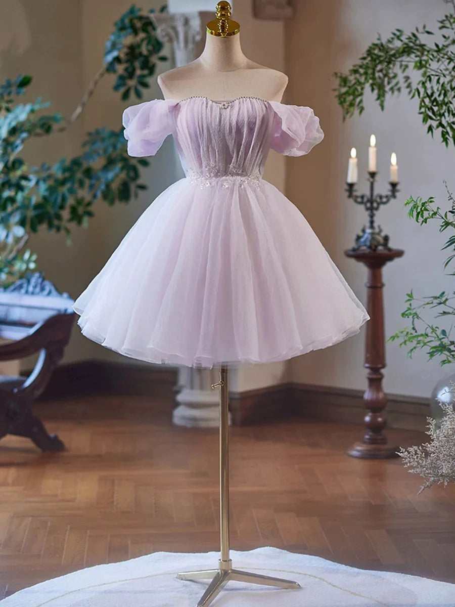 Lovely Purple Tulle With Beaded A-Line Short Party Dress Off the Shoulder Homecoming Dress