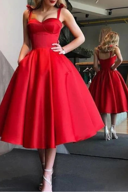 Lovely Red Stain Sweetheart Collar Spaghetti Straps Backless A Line Tea Length Homecoming