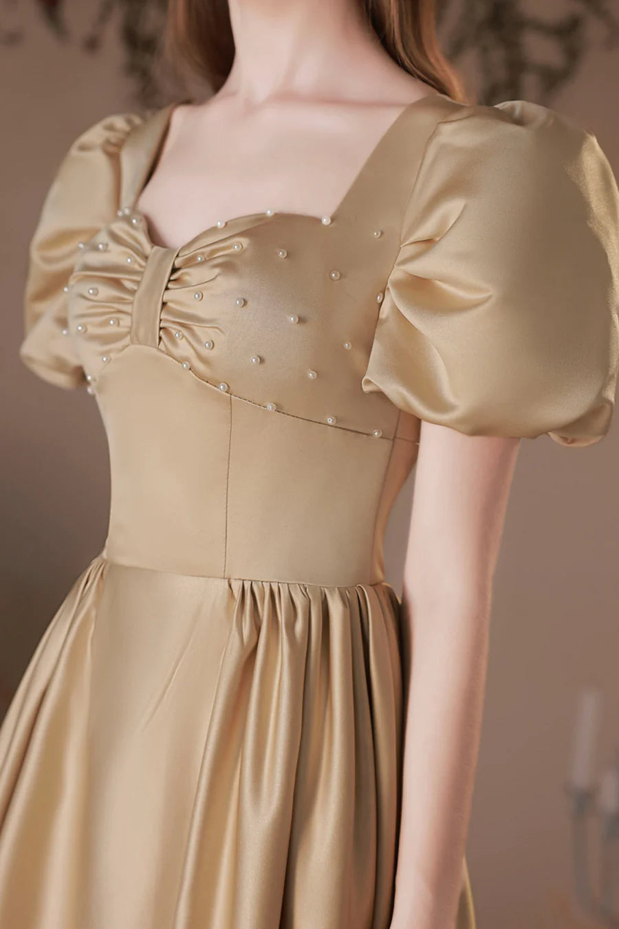 Lovely Satin With Beaded Open Back Prom Dress A-Line Short Sleeve Tea Length Homecoming Party Dress