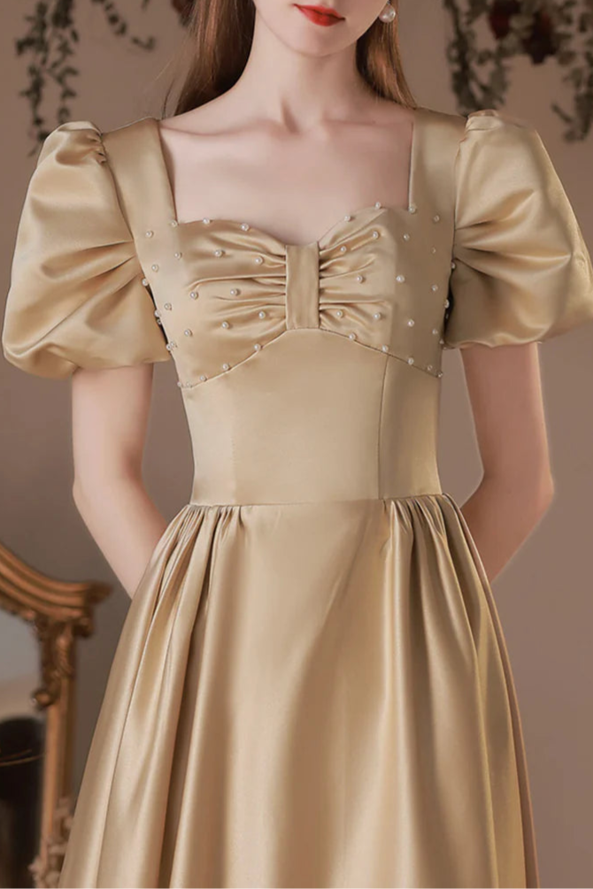 Lovely Satin With Beaded Open Back Prom Dress A-Line Short Sleeve Tea Length Homecoming Party Dress