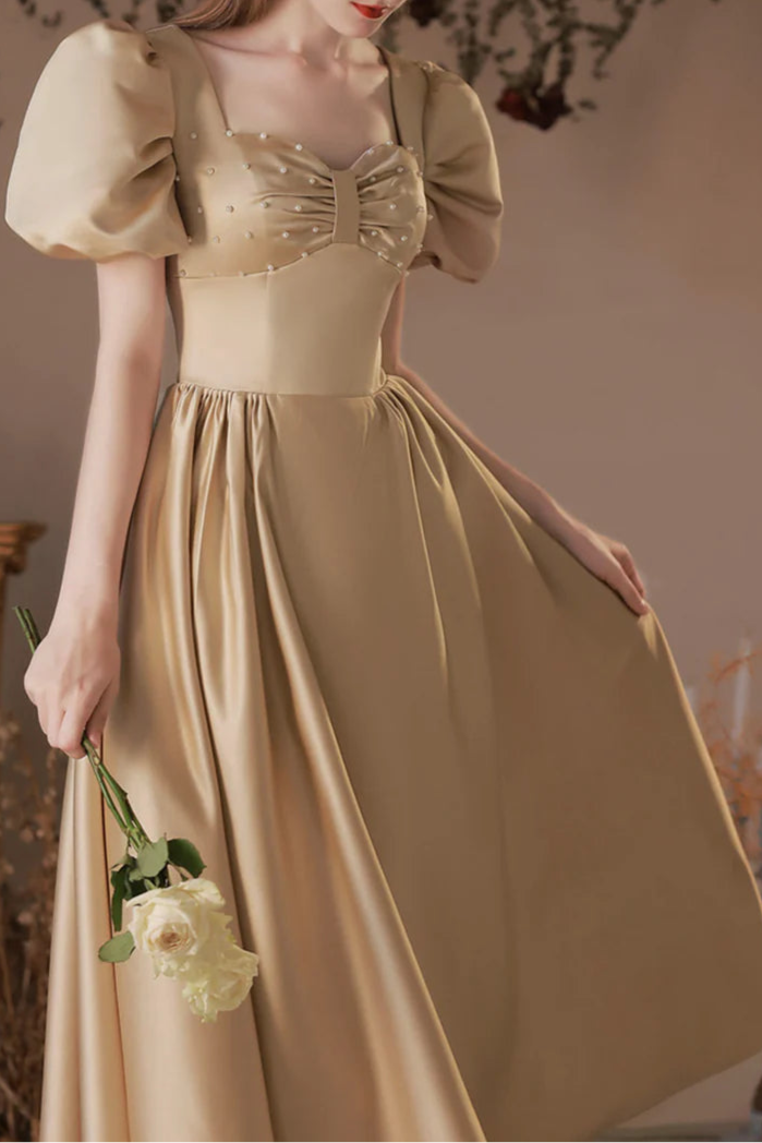 Lovely Satin With Beaded Open Back Prom Dress A-Line Short Sleeve Tea Length Homecoming Party Dress