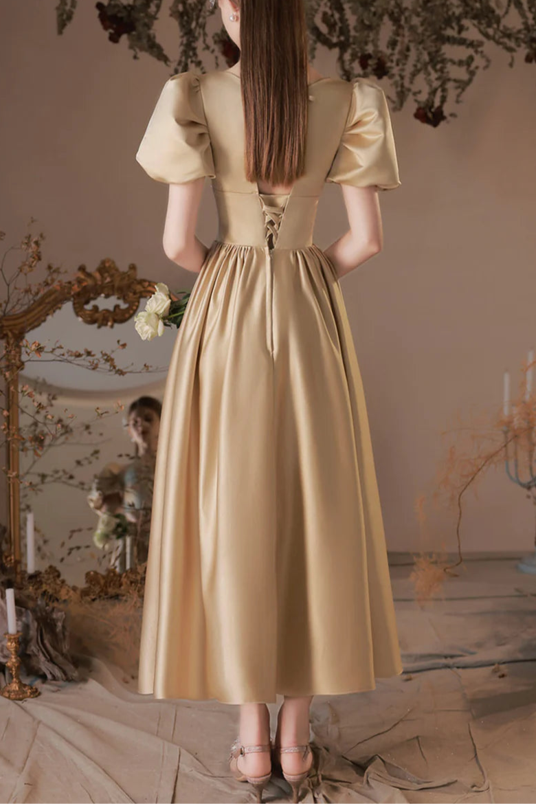 Lovely Satin With Beaded Open Back Prom Dress A-Line Short Sleeve Tea Length Homecoming Party Dress