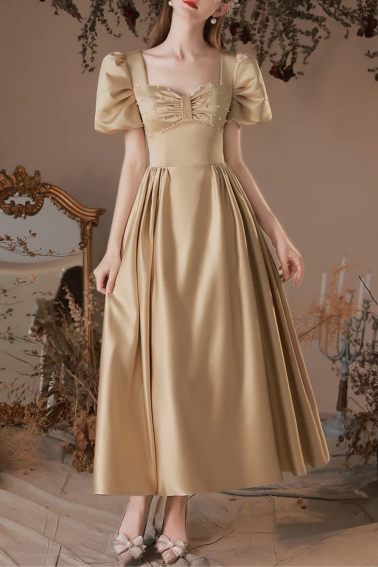 Lovely Satin With Beaded Open Back Prom Dress A-Line Short Sleeve Tea Length Homecoming Party Dress