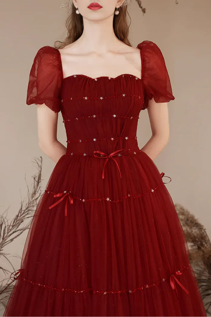 Lovely Short Sleeve Pleated Beaded Tulle Burgundy Floor Length Prom Dress