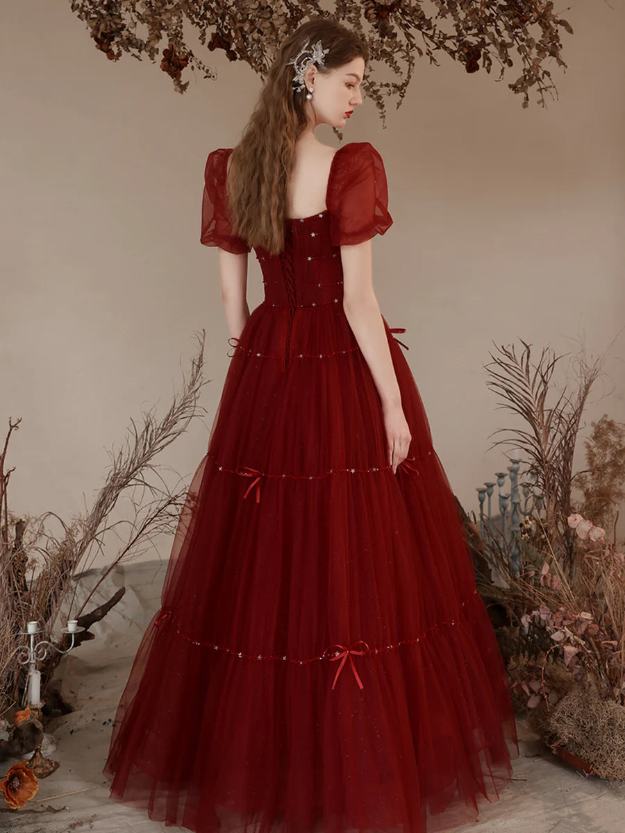 Lovely Short Sleeve Pleated Beaded Tulle Burgundy Floor Length Prom Dress