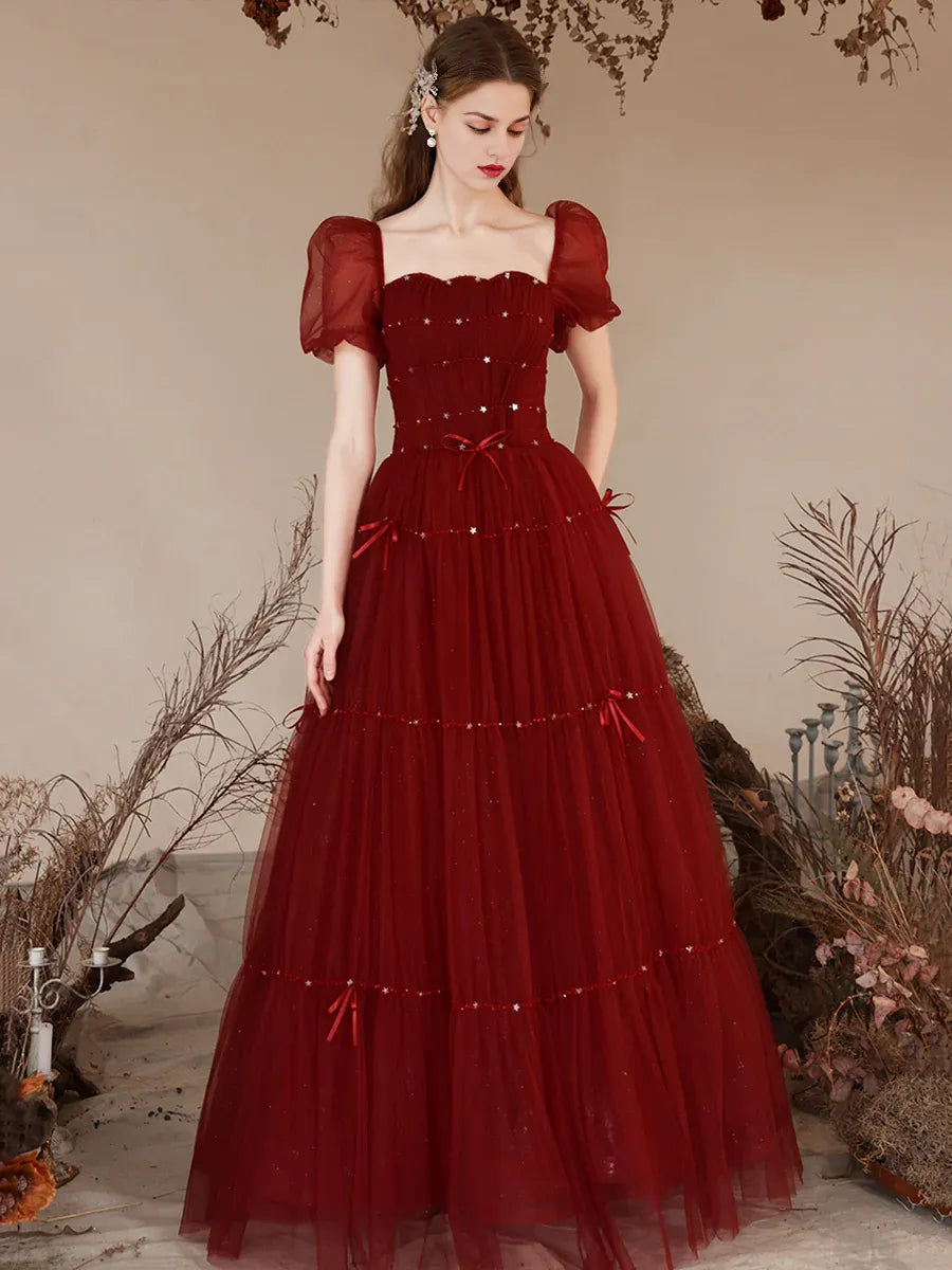 Lovely Short Sleeve Pleated Beaded Tulle Burgundy Floor Length Prom Dress